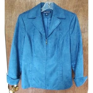 Evan Picone size 4 teal faux suede zip up blazer jacket polyester